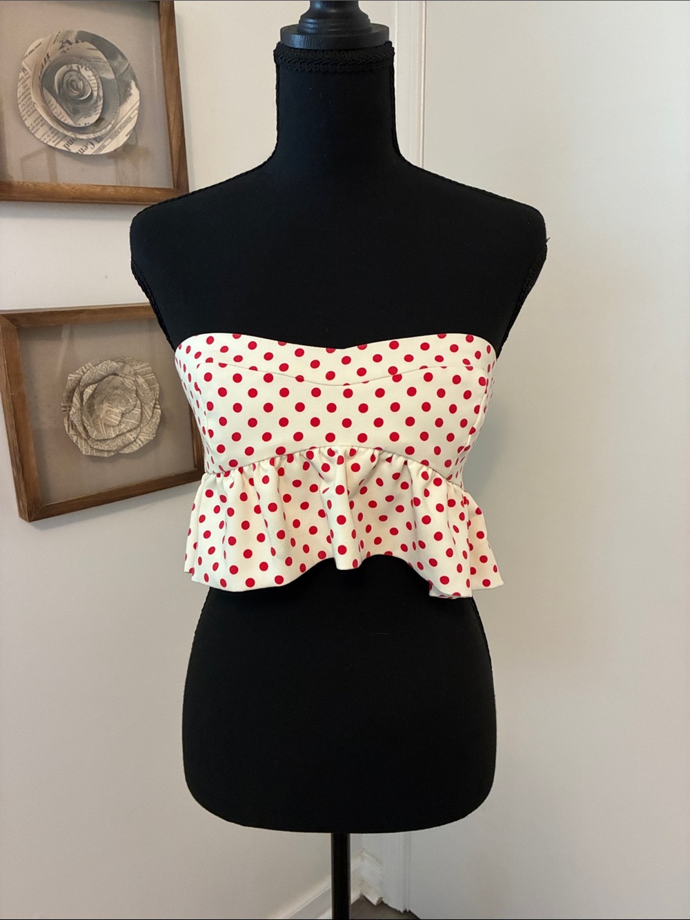 Zara Polka Dot Ruffle Peplum Strapless Bustier Crop Top Coachella Festival Vibe